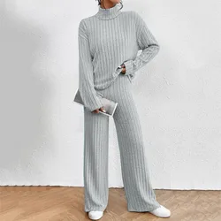 2024 Fall Winter Knitted 2 Piece Suit Women Long Sleeve Ribbed Slit Long Pants Tops High Waist Pencil Pants Set Fashion Outfit