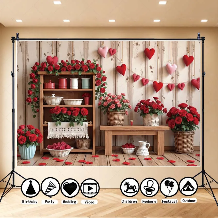 

MOON.QG Valentine's Day Background Flower Cabinet Wooden Backdrops Photography Accessories February 14 Decor Photocall Couple