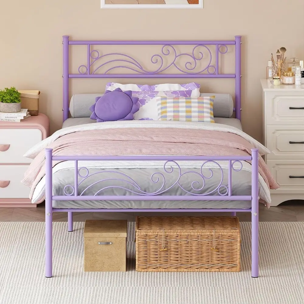 

Фиолетовый сверхпрочный металлический каркас двуспальной кровати с изголовьем и ящиком для хранения под кроватью для детей