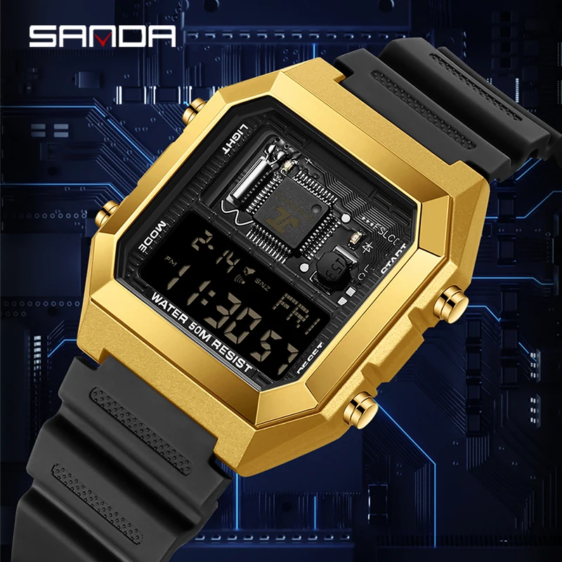 SANDAD-reloj electrónico para hombre, cronógrafo multifuncional cuadrado con correa de silicona y pantalla Digital, 6216