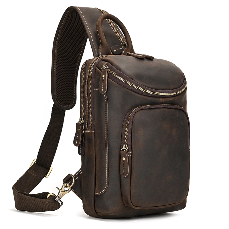 Men Leather Bagpack Shoulder Cross Body Chest Bag Genuine Leather Cowskin Chest Pack For Outdoor Travel Messenger Bag Riding