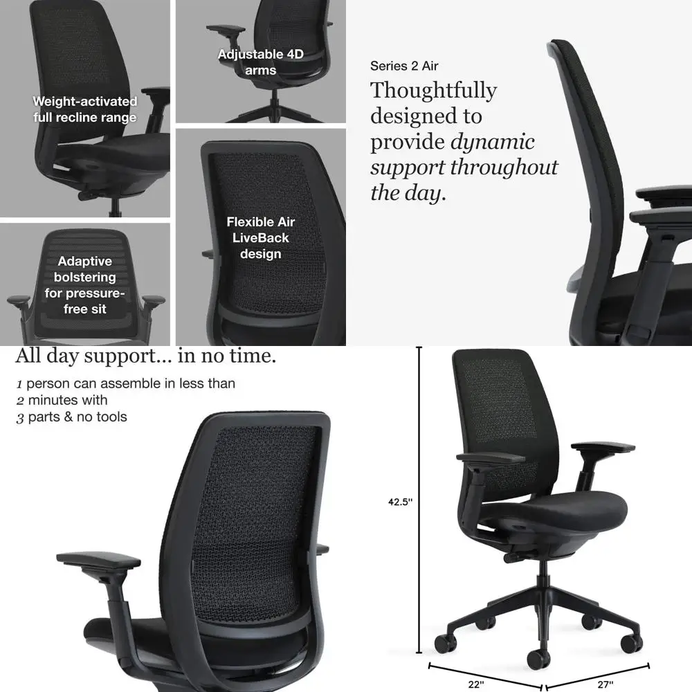 

Ergonomic Office Chair with Wheels for Carpet, Adjustable Back Support, Weight-Tuned, and Armrests - Licorice