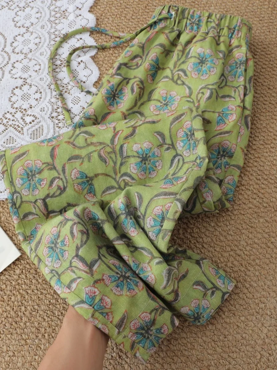Green Floral Cotton Linen Wide Leg Pants Women's Summer Smooth Slimming Casual Straight Leg Thin Vintage Style Natural Waist