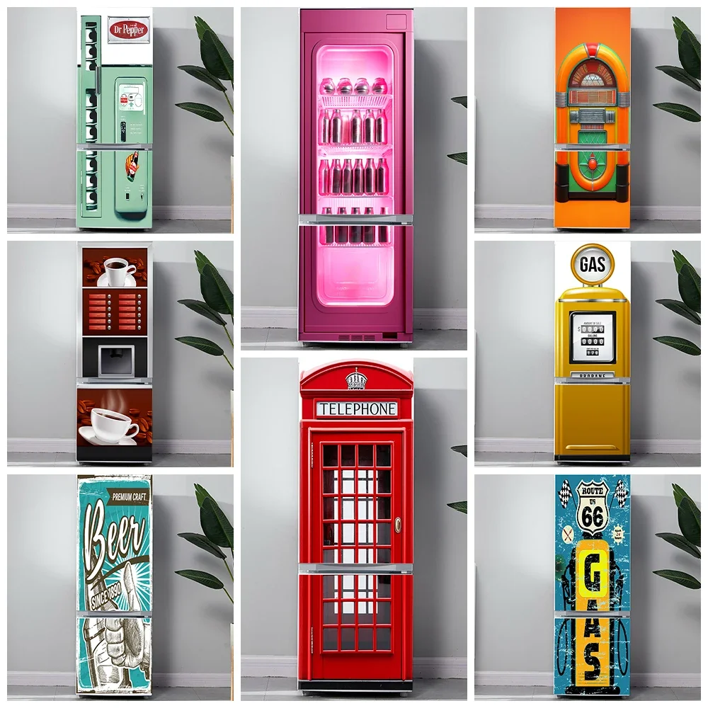 

3D Realistic Telephone Booth Pattern Fridge Door Art Mural Sticker Waterproof Coffee Drink Cabinet Design Refrigerator Poster