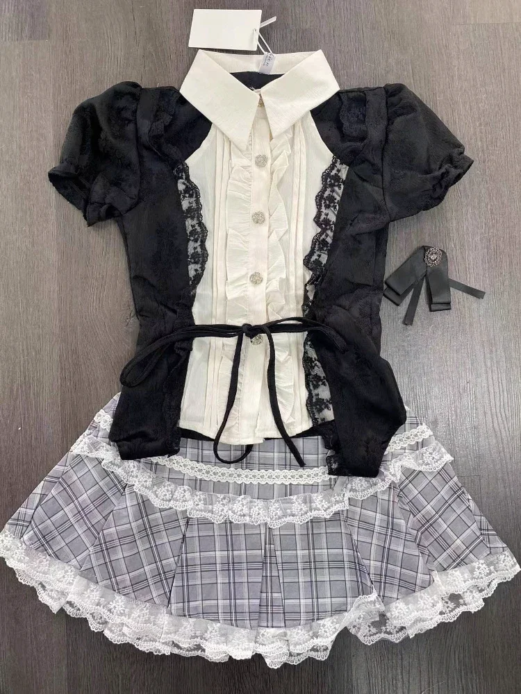 Japanese Kawaii Lolita Elegant 2 Piece Set Women Y2k Patchwork Vintage Kawaii Mini Skirt Suits Female Lace-up Chic Clothing 2024