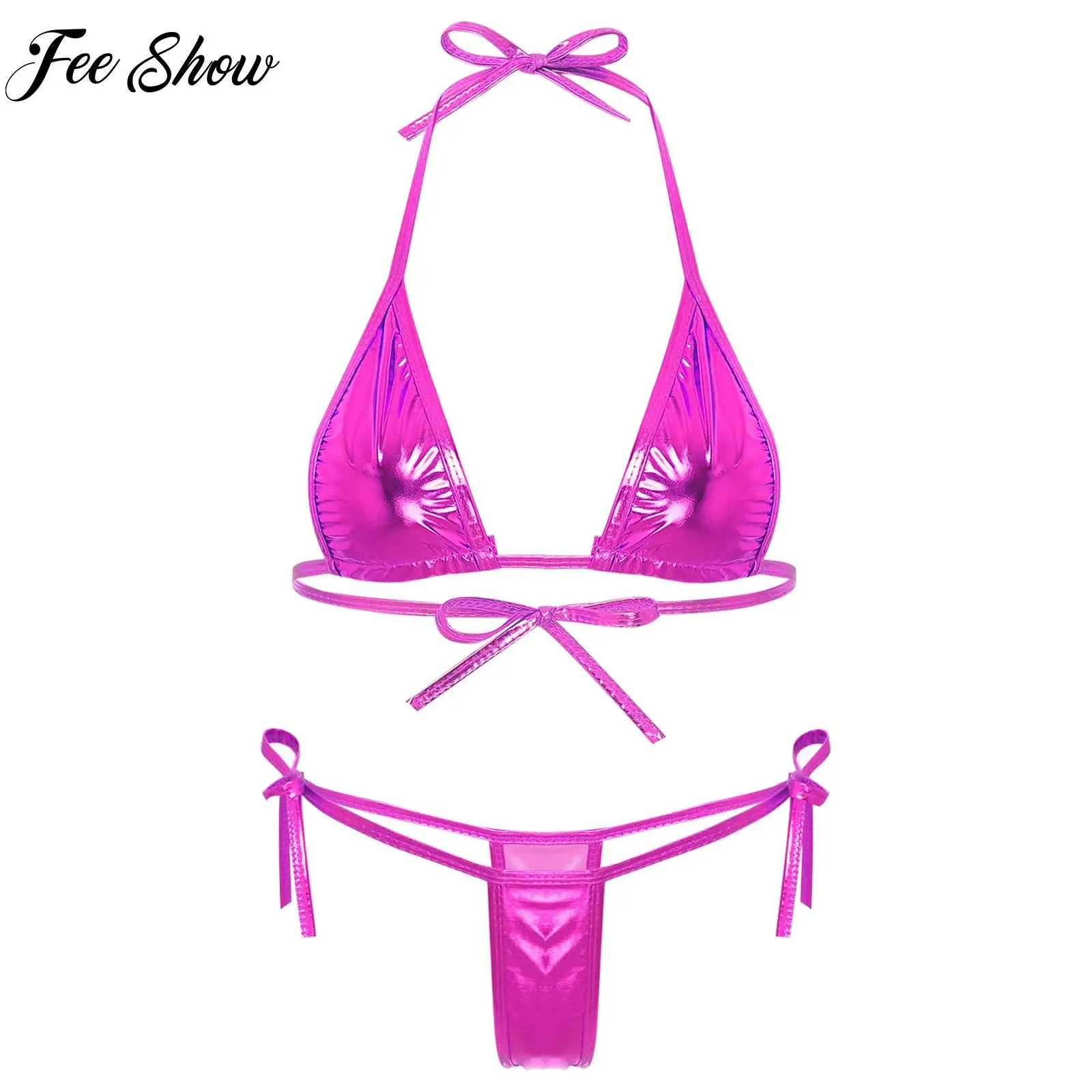 Bikini Dames Metálico Brilhante Lacing, Micro Biquíni Brasileiro, Copa Triangular, Top de Sutiã, Swimwear G-String, Sexy