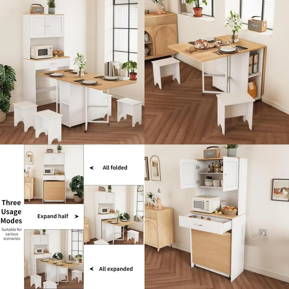 省スペースの木製ダイニングテーブルセット、折りたたみ機能付き、キッチン収納と電源コンセント用の背の高いサイドボードキャビネット付き