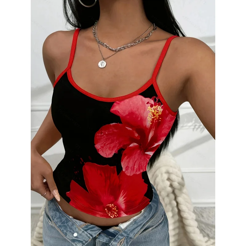 Y2K Floral Print Thin Strap Top - High Elasticity Summer Crop Top with Chest Ruching Detail, Washable Black