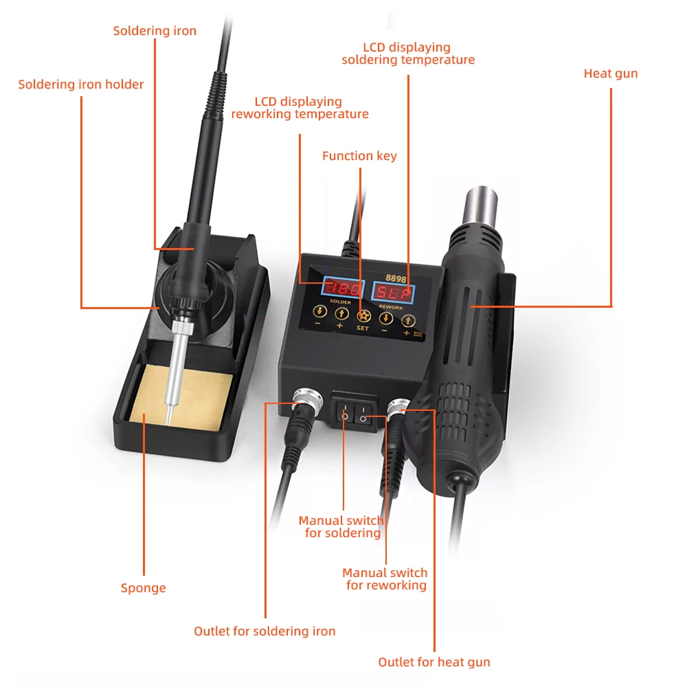 Rework 8898 2 in 1 Multi-functional Soldering Station Soldering Iron Heat   with Adjustable Temperature and Air Volume