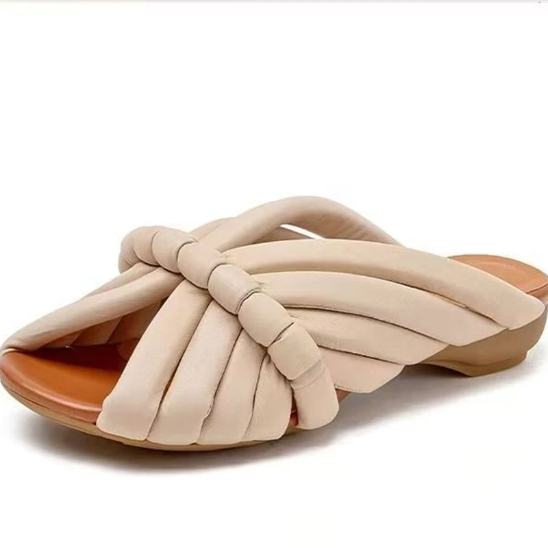 

LEOSOXS Elegant Ladies Slippers Design Handwoven Flat-bottomed Leather Slippers Fashion Peep Toe Soft Slides Women Beach Shoes