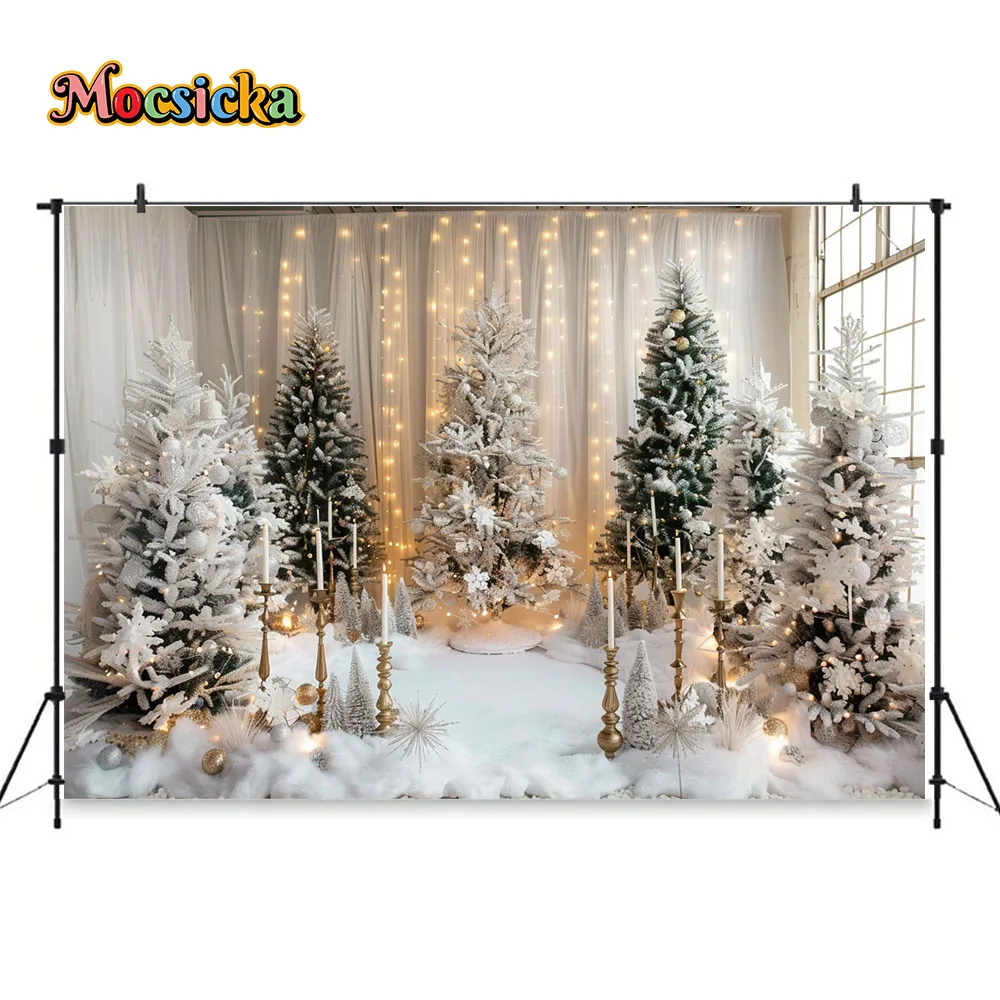 Christmas Photography Background Snowy Xmas Tree Candles Glitter White Curtain Backdrop Winter Family Home Interior Photo Studio