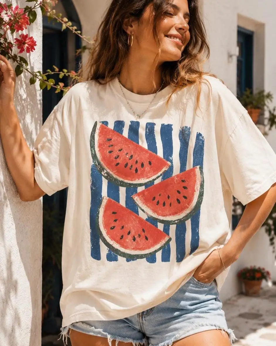 Summer Women's Watermelon Graphic Striped Fruit T-shirt Cotton and Breathable Short Sleeve Streetwear Oversized Loose Casual