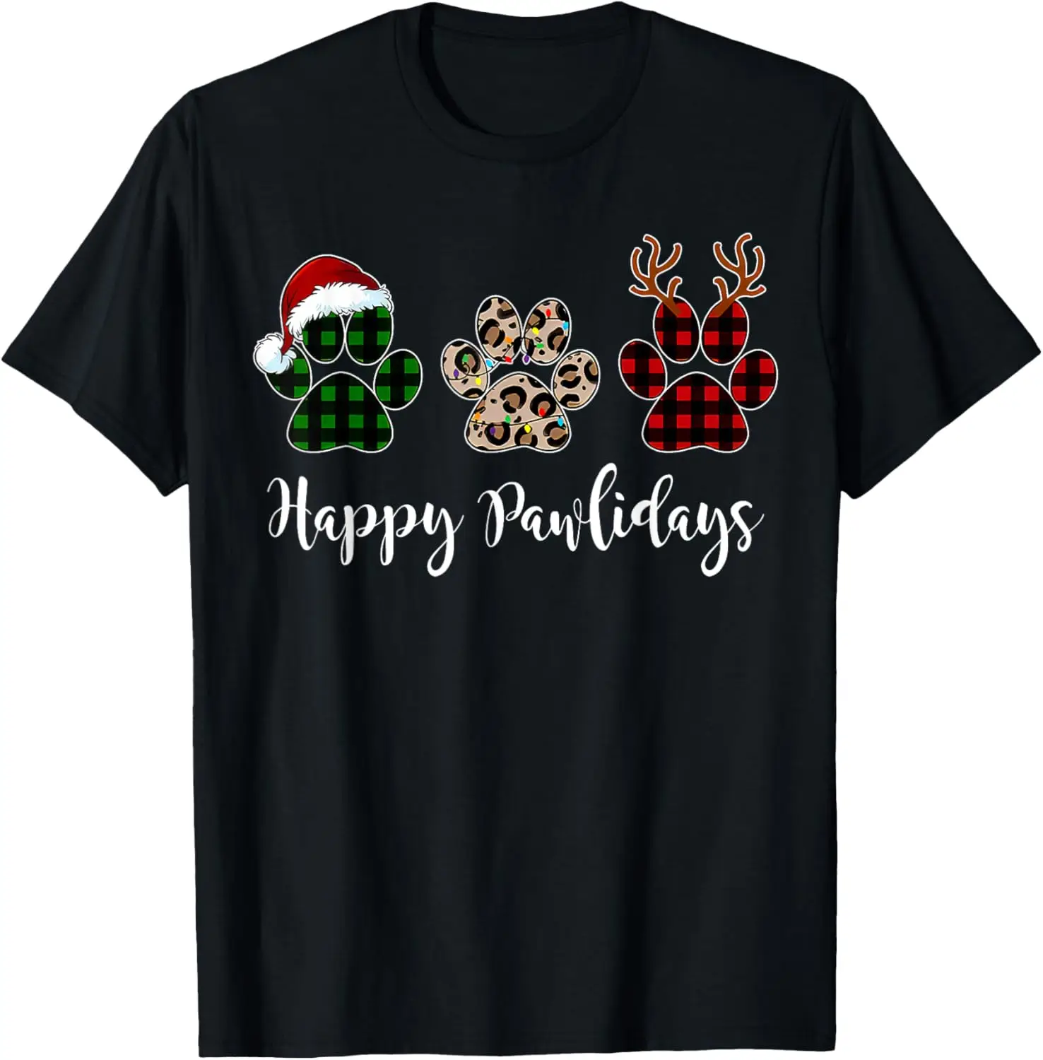 Happy Pawlidays Dog Paws Buffalo Plaid Leopard Christmas T-Shirt