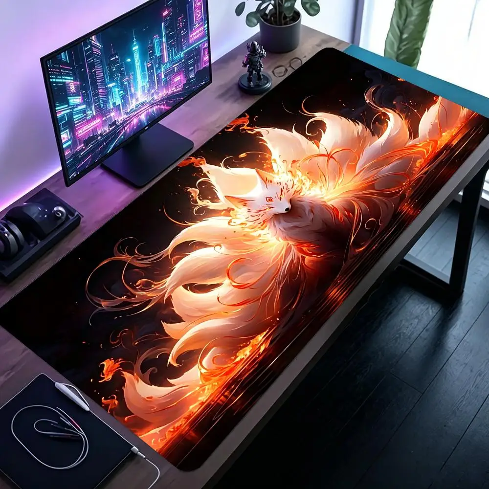 Vivid Stain Resistant High Definition Print Fire White Fox Large Size Table Mat Mousepad For Intense Laptop Gaming Tasks