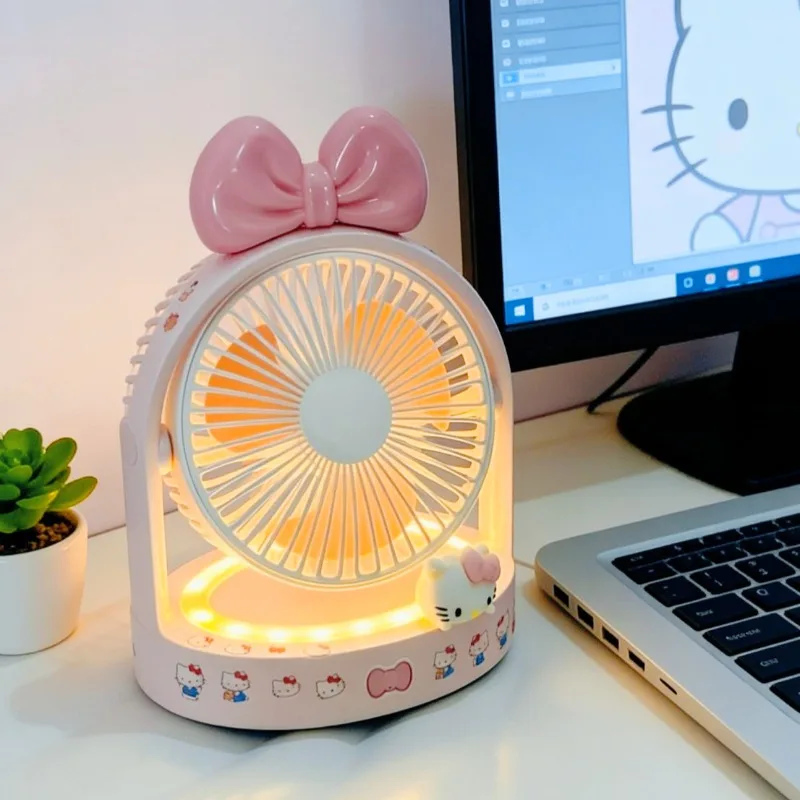 Hello Kitty Ventilator mit Anime-Cartoon-Druck, Sanrio USB-Elektroventilator für Schlafsaal, Büro, Sommer, Studenten, Nachtlicht, Kinder, Urlaubsgeschenk