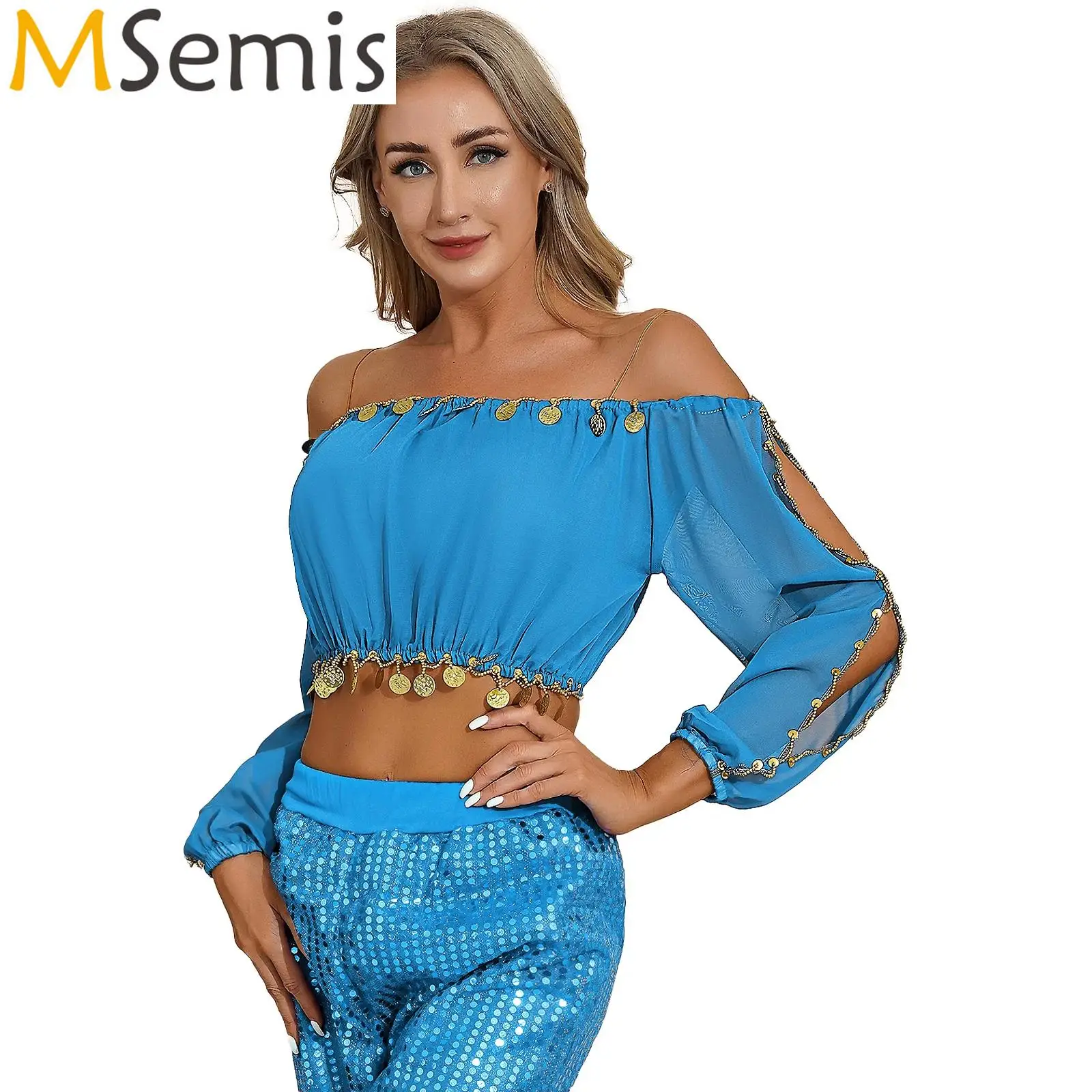 

Womens Arabian Belly Dance Performance Costume Belly Dancing Tunic Blouse Tops Sequined Beaded Split Long Puff Sleeve Crop Top