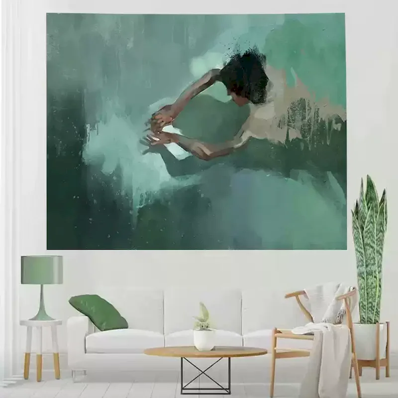 VIKAMA Abstract Tapestry Wall Hanging Green Woman Figure Watercolor Painting Aesthetic Minimalist Living Room Decor