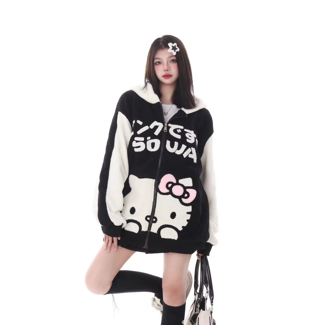 Hello Kitty Polar Fleece Jacket Anime Cartoon Sanrio Female Winter Thickened Cotton Jacket Student Warm Couple Cotton Tops