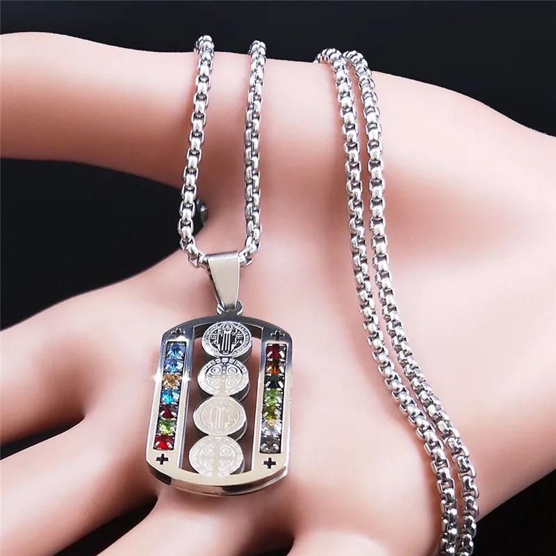 Edelstahl Klassische Katholische Jesus-Kreuz-Halskette Heiliger Benedikt Kristall Jungfrau Maria Anhänger Kruzifix Herren-Halsketten Schmuck – Detail 3