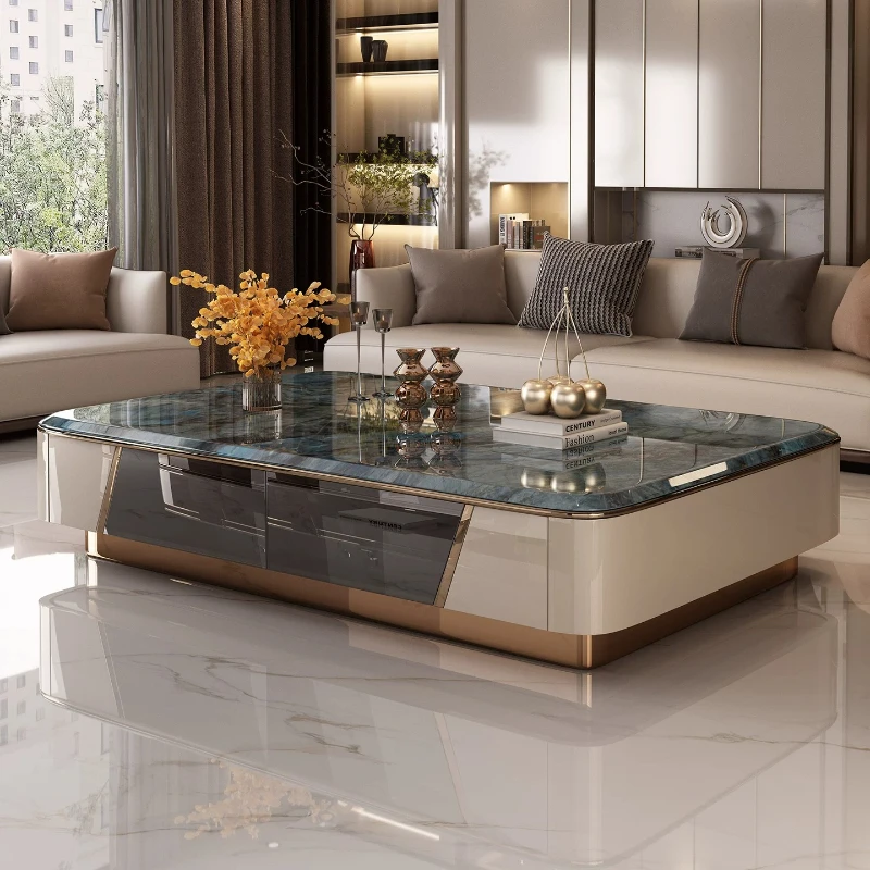 Light Luxury Microcrystalline Stone Coffee Table Storage Center Table Gold Metal Base Tea Table with Drawers for Living Room