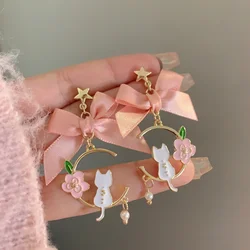 Sweet Pink Ribbon Bowknot Cat on The Moon Earrings Japanese Style Lovely Small Sakura Flower Cat Earrings for Women