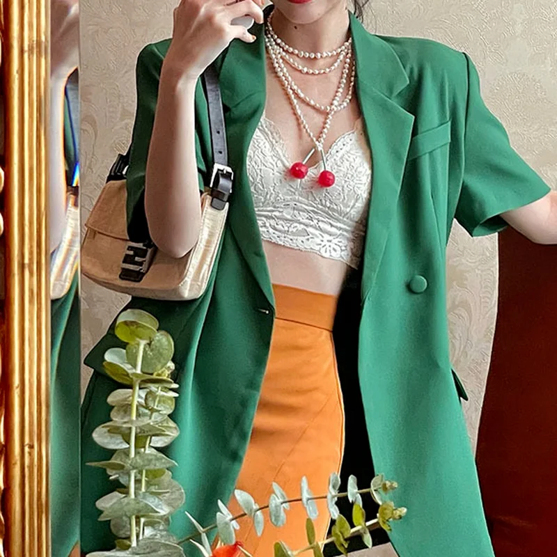 Chaqueta de traje verde de manga corta para mujer, chaqueta pequeña informal, temperamento fino, moda Retro, primavera y verano, 2021