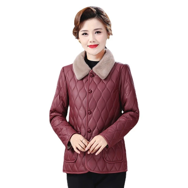 Middle-aged Mothers with Velvet Warm Cotton-padded Jacket Women Fashion Ladies Imitation Leather Coat Winter Plush Cotton Jacket