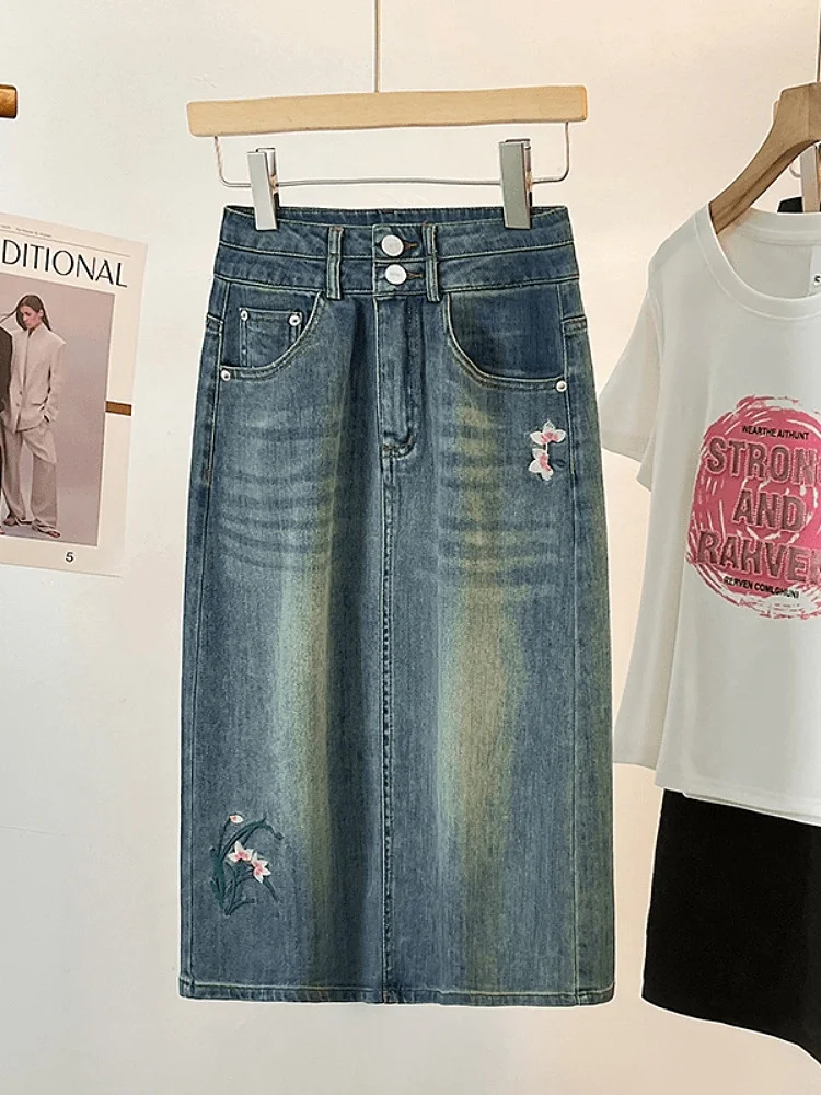 

New Chinese Sle High Waist A-Line Skirt Women's Summer 2024 Loose Denim Skirts with Slits Floral Print Straight Cut