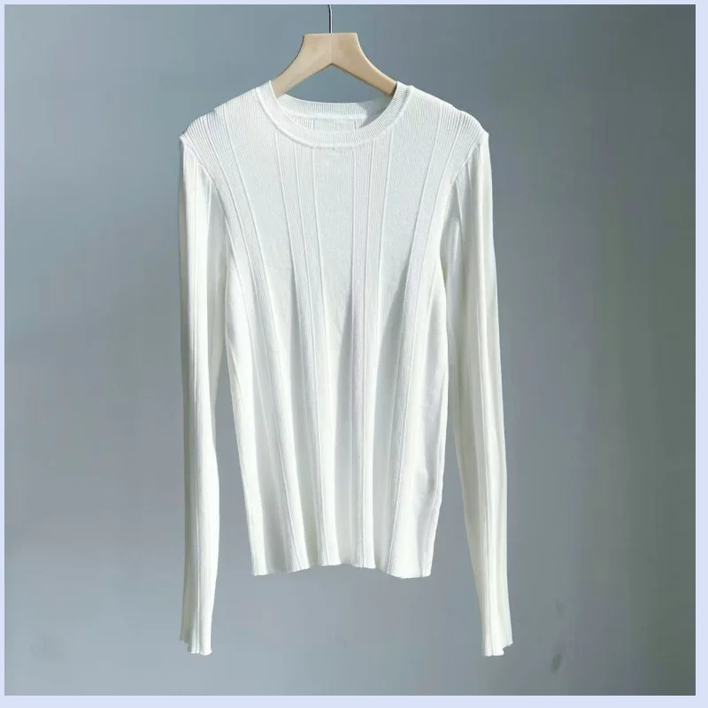 Autumn and winter slim fit elastic long sleeved sweater with knitted base and cotton round neck knit inside