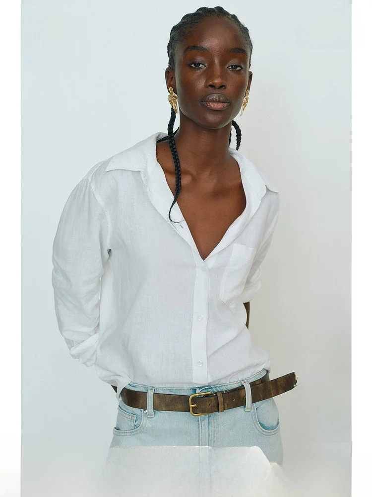 

H&M Women's Shirt Summer Commute Collar Loose Feel Linen Blend Long Sleeve Linen Shirt Casual Style Straight Cut Regular Length