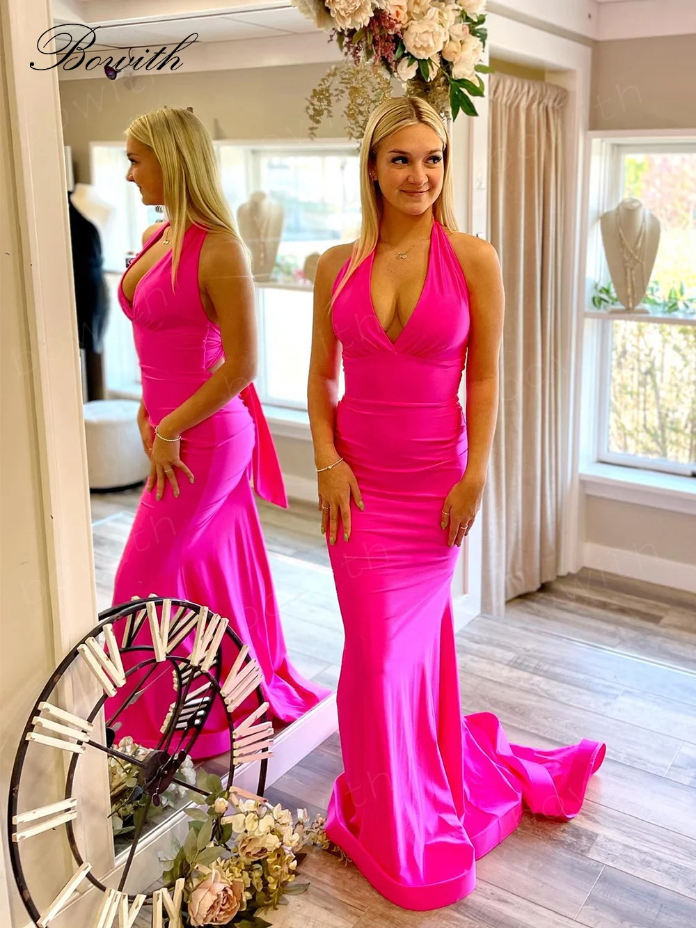 

Bowith Halter Evening Dress Prom Dresses Backless Mermaid Dress for Women Formal Occasion Dresses Fuchsia vestido de noche