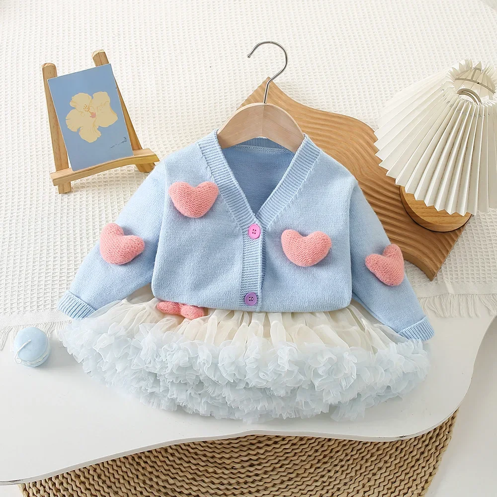 2-7Y Girls Clothing Set 3D Heart Sweaters And Tulle Skirts 2 PCs Knit Suits Girls Knit Cardigans