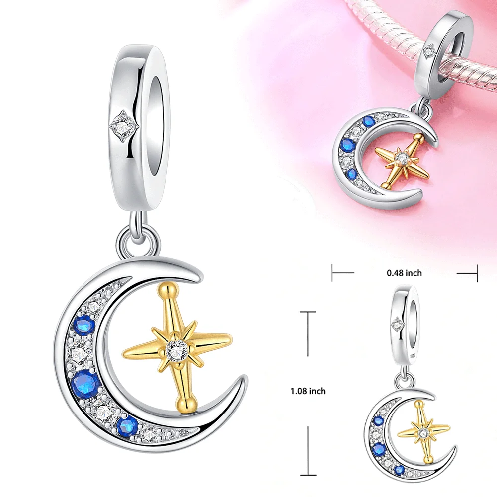 

925 Sterling Silver Charm Moon Star Compass Guidance Protection Pendant for Women Fit Original Bracelet Necklace DIY Accessories