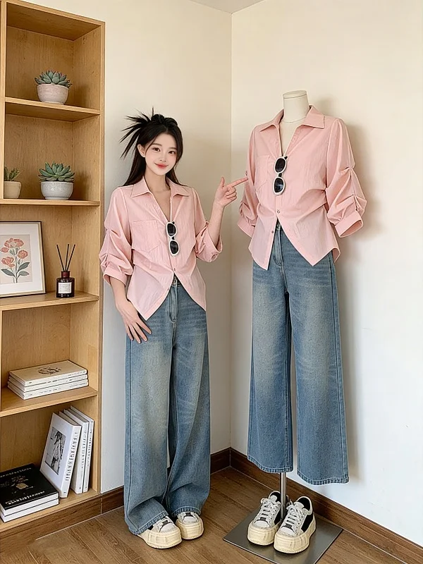 

Pink V-neck Blouse Korean Style Women's plus Size Shirt Spring Summer New Arrival Shoulder-Length Sleeves Regular Fit