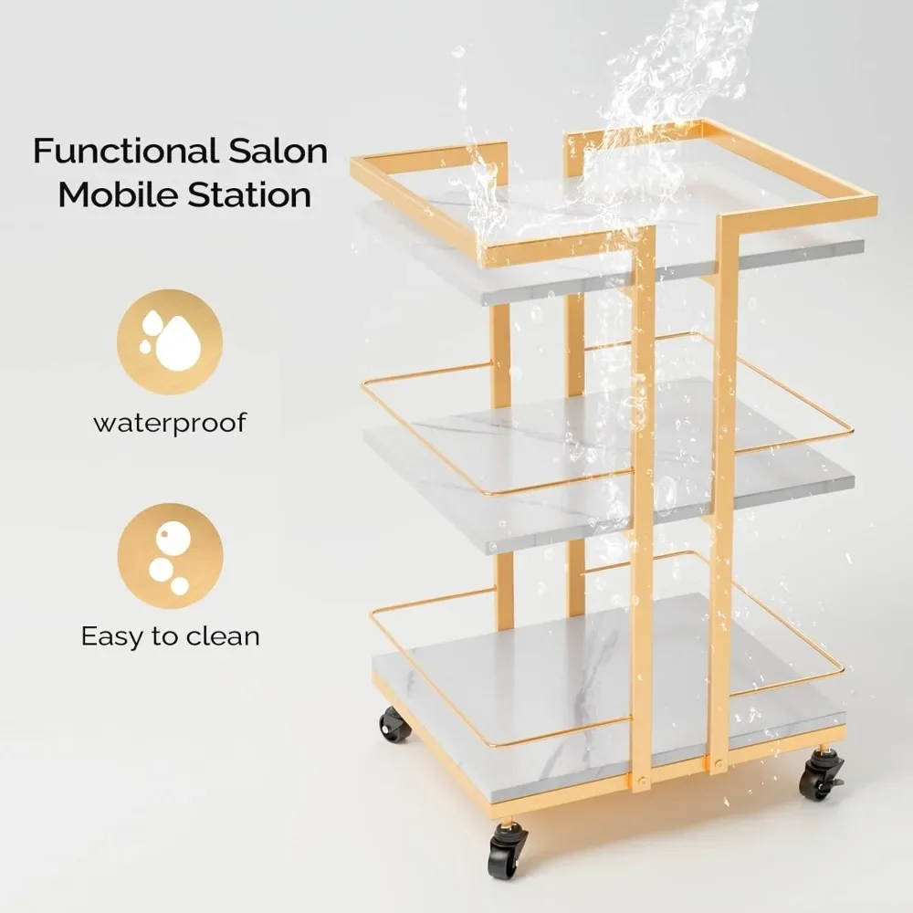 Esteticista Carrinho com Rodas, Utility Salon Rolling Trolley, Organizador de Armazenamento Móvel Dourado para Beleza Spa, Massagem Cosmética