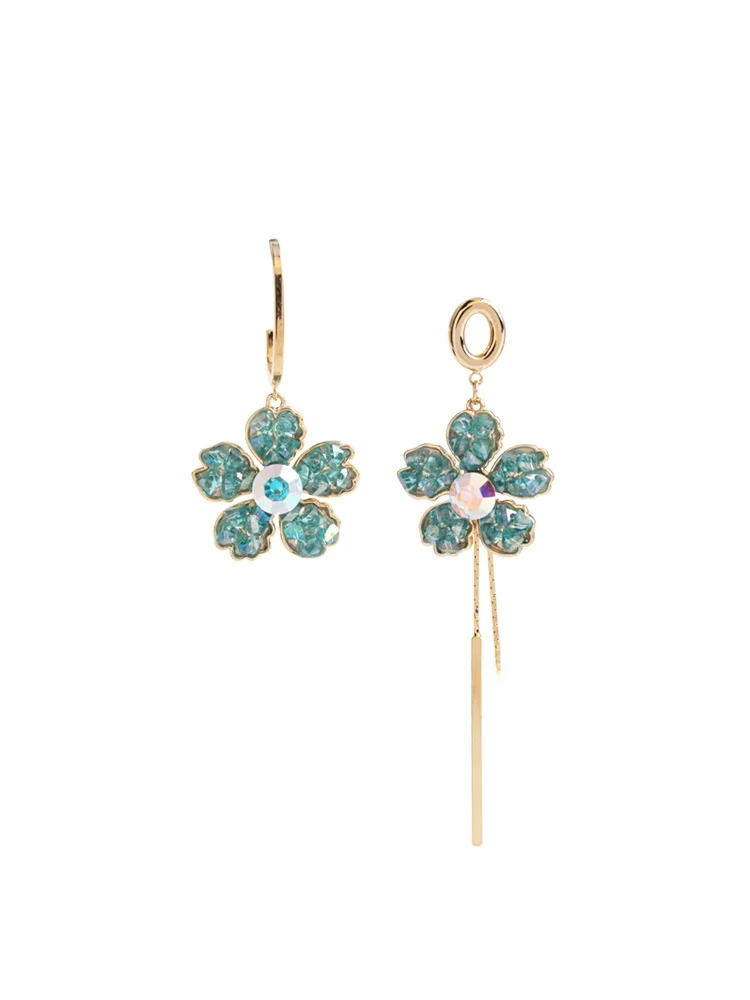 sumni-long-green-asymmetric-exaggerated-flower-earrings-women's-fashion-youthful-jewelry-alloy-plated-silver-gold