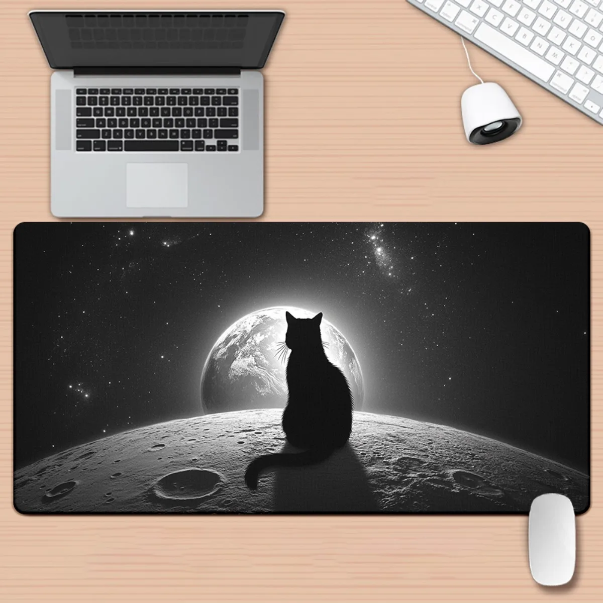 

Противоскользящий коврик для мыши с черным котом, звездное небо и лунным узором, с печатью высокой четкости подходит для геймеров и офисных работников