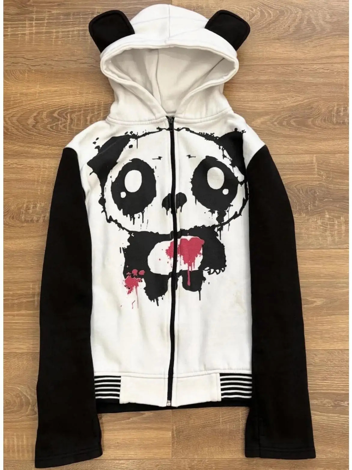 Y2K Millennium Style Black White Color Block Panda Hooded Open Cardigan Bear Ear Graffiti Subculture Spicy Girl Sweatshirt Ja...