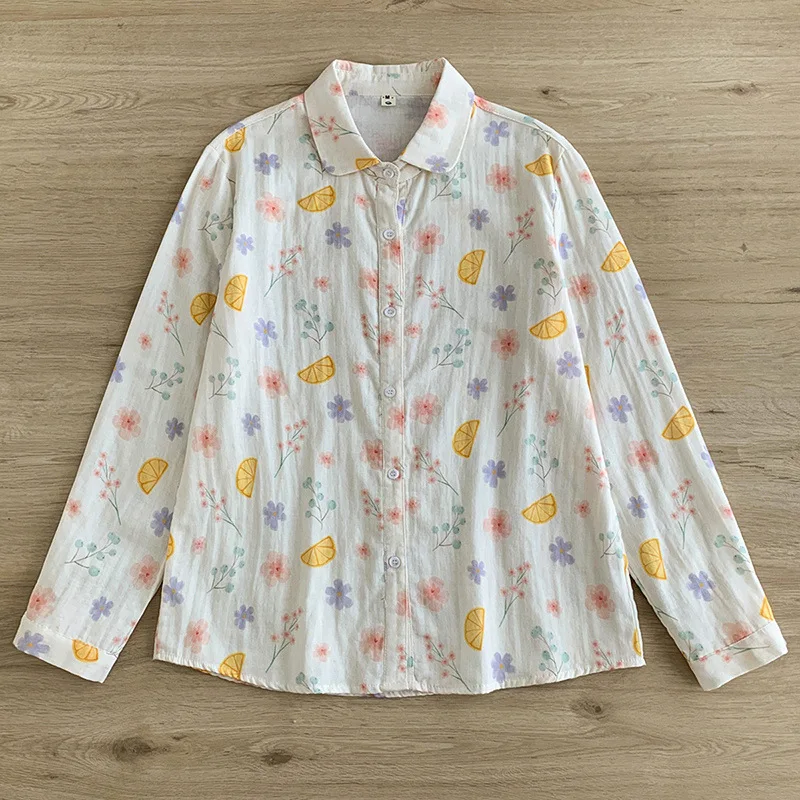 New Summer Cotton Yarn Long Sleeve Shirt, Women Lapel Cartoon Print Top, Mori Girl Casual Vintage Loose Blouses, Autumn T47986QM