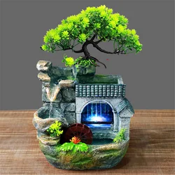 Waterfall Fountain Indoor Home Decor Feng Shui Desktop Small Rockery Simulation Tree Resin Ornaments Crafts with Led Light Gifts