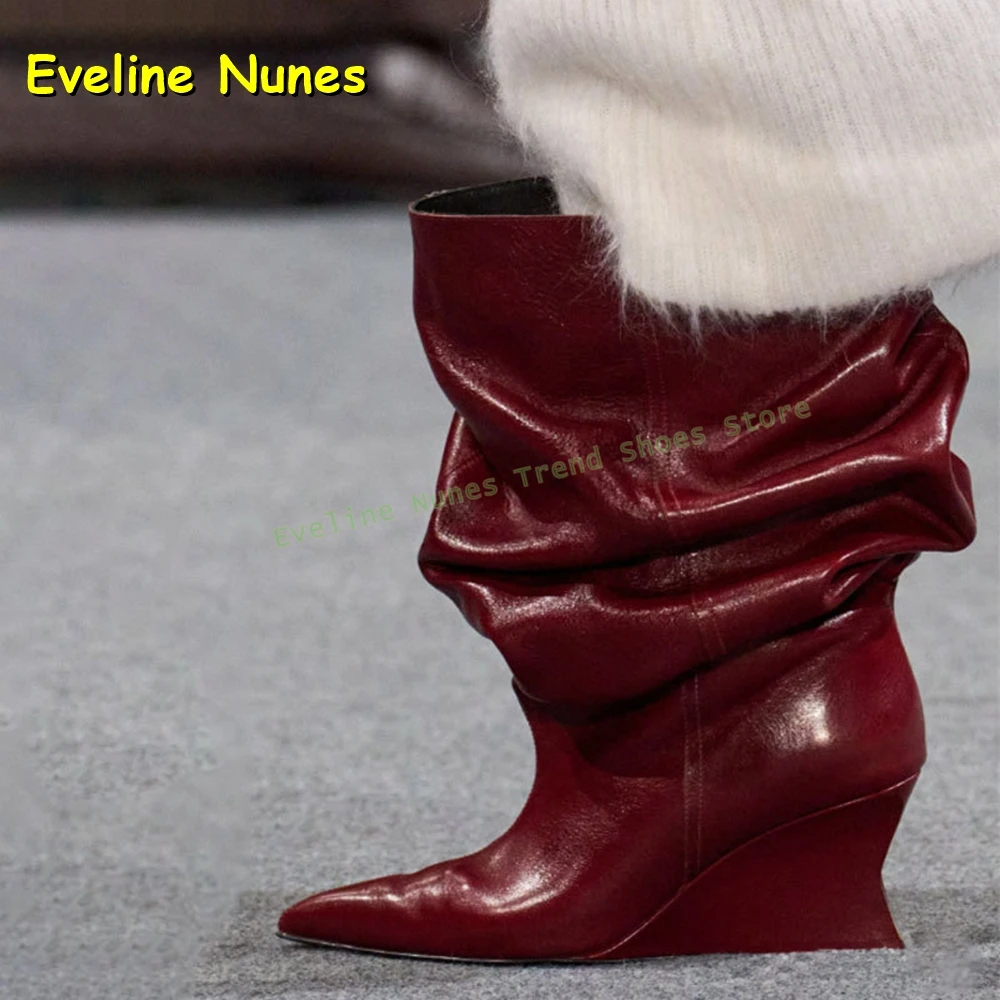 

Женские плиссированные ботинки на танкетке с рукавами для подиума, однотонные вечерние модные ботинки до середины икры с острым носком, осень 2021, обувь в уличном стиле