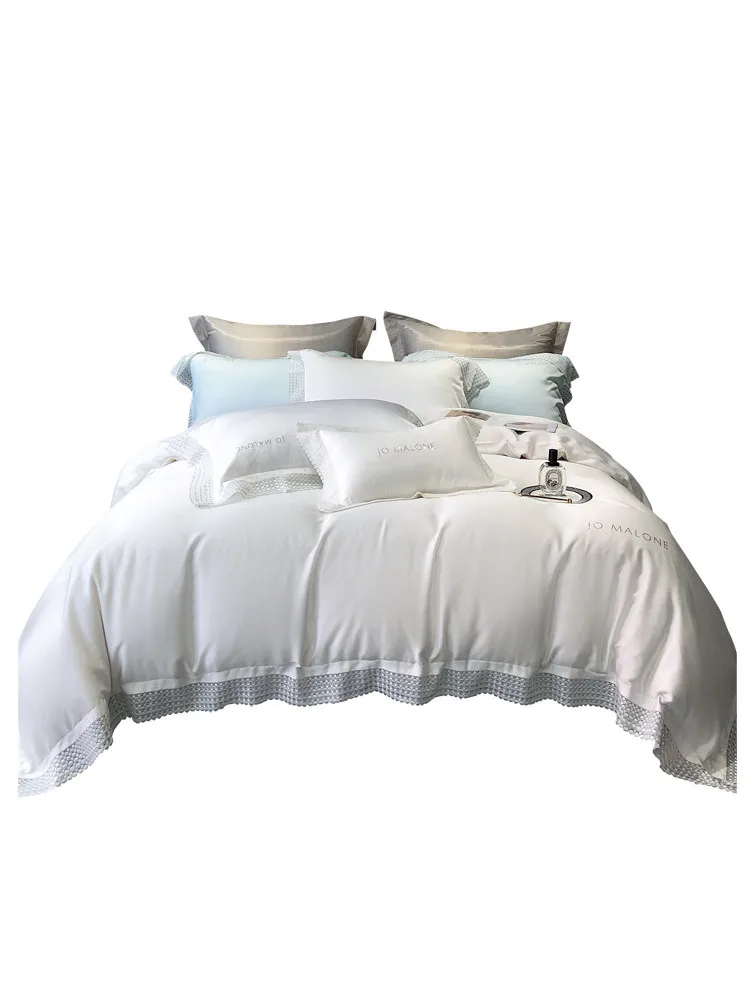 Light luxury style cool feeling extremely cool Tencel four-piece set solid color beautiful lace silky smooth quilt cover bedding