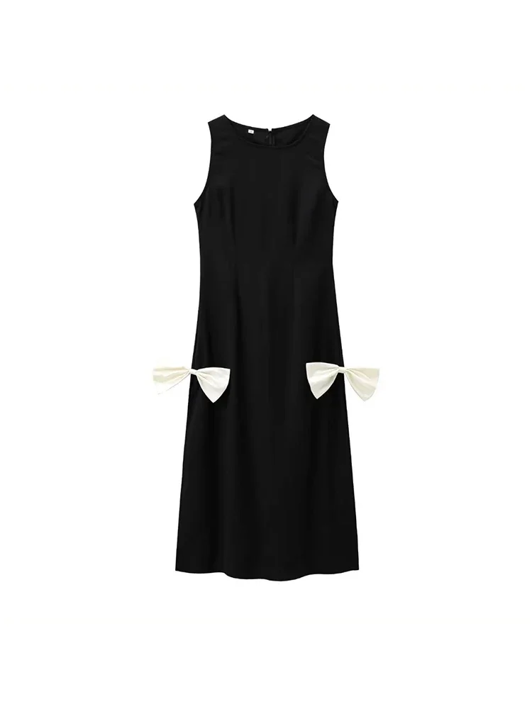 Willshela Women Fashion With Bow Black Back Zipper Midi Dress Vintage O-Neck Sleeveless Female Chic Lady Dresses