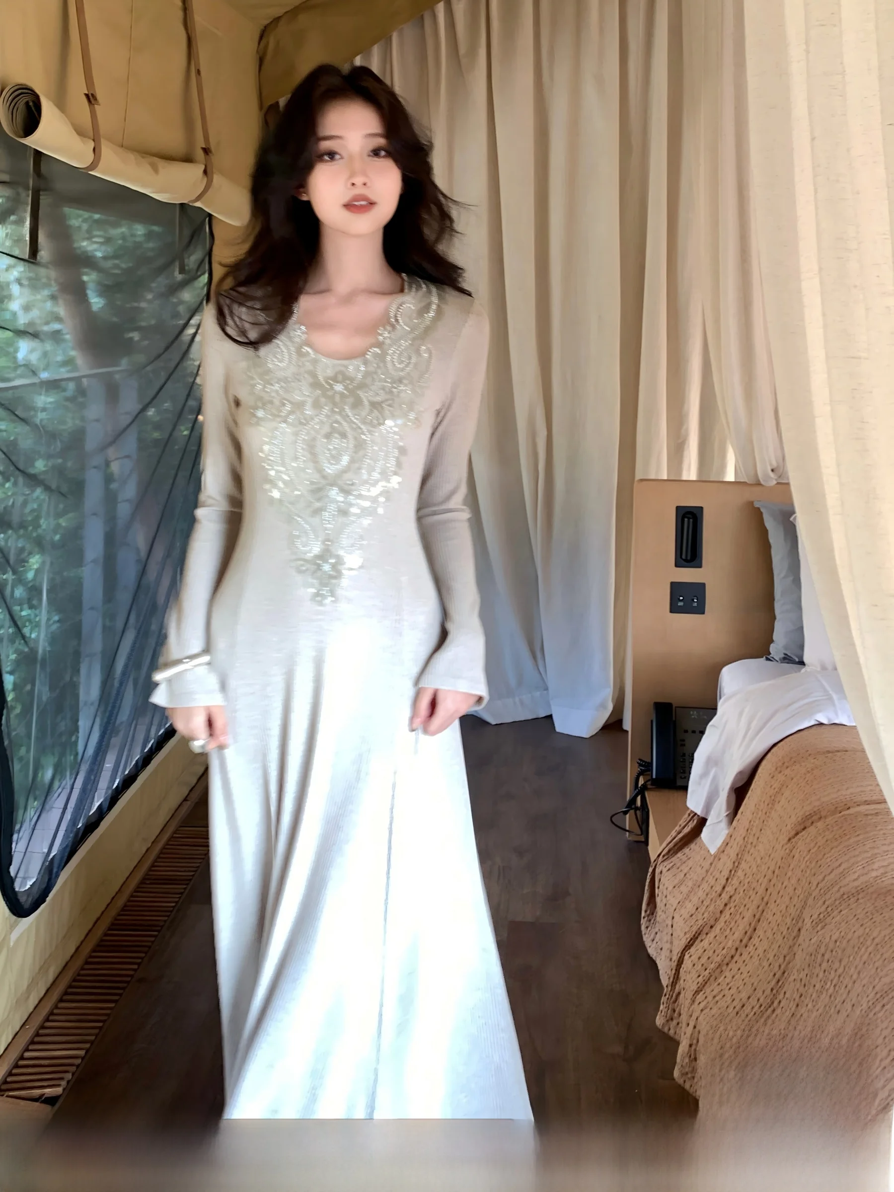 

Ele Heavy Embroidery Bead Strip A-Line Knitted Slim Fit Dr Women's Faion Bright Tead Waist a Long Sve Dr