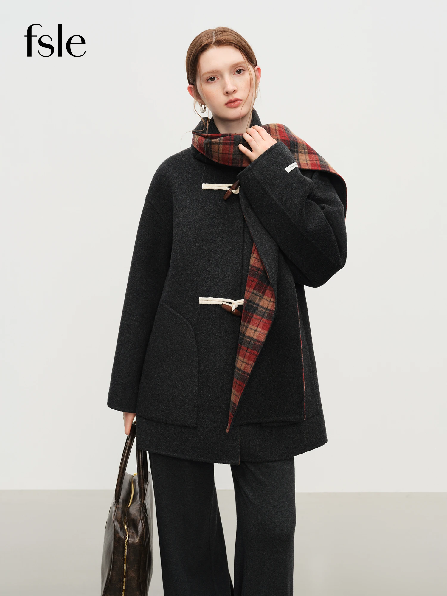 

FSLE Petite Women's College Style Short Wool Tweed Scarf Coat Retro Checkered Winter 2025 Scarf Coat Blends