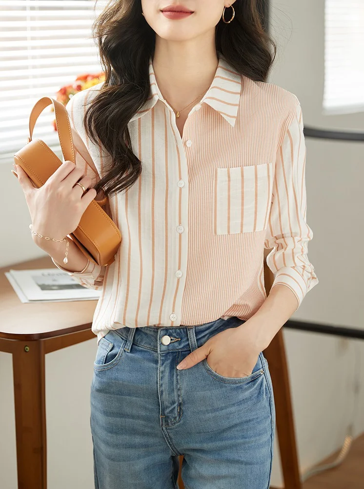 

Color blocking striped shirt for women unique spring and autumn outfit new style temperament long sleeved design shirt