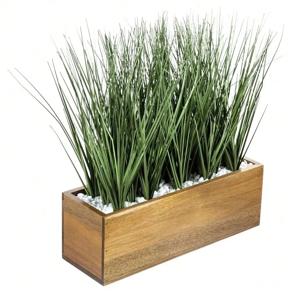 

Grass Plants In Premium Acacia Solid Wood Planter Box, 12 Inch Decorative Wooden Container With Faux Gre1enery Plant, Indoor Ta