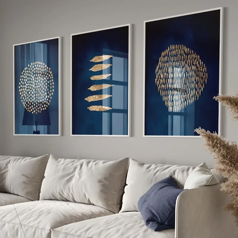 

3pcs Navy Blue and Golden Wall Art Paintings, Frameless Canvas Poster, Modern Abstract Wall Art Poster, for Home Decor