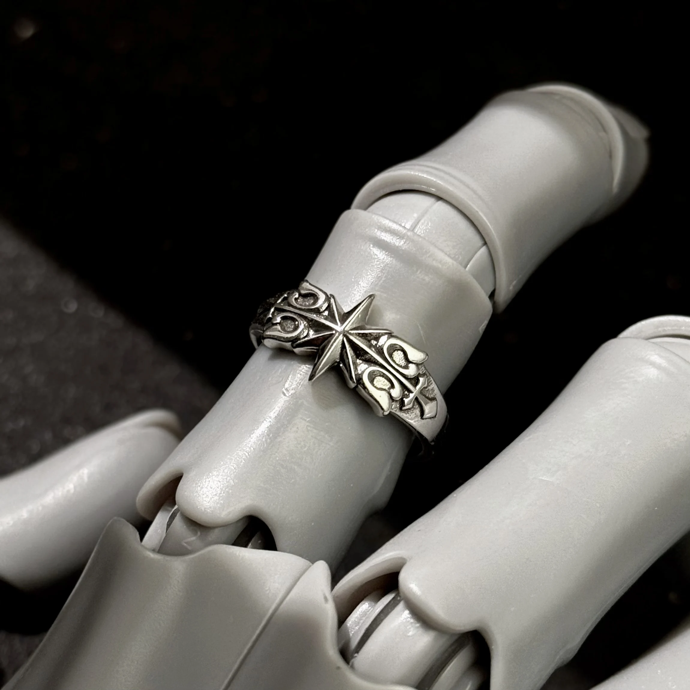 Retro Hexagramm Sechszackiger Stern Verstellbarer Offener Ring für Männer Versilbertes Messing Punk Gothic Edgy Schmuck Unisex Accessoires Geschenk – Detail 8