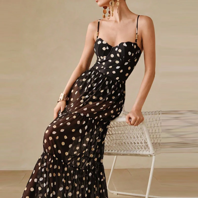 

Polka Dot Print Slim Fit Summer Swimsuit Sexy Hollow Out Sleeveless Suspender Bikini Set Casual Women Backless Beach Wear Outfit